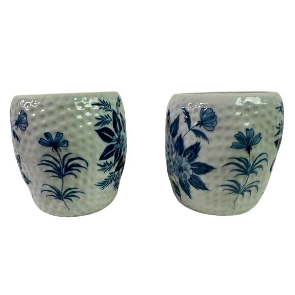 Set 2 Made in Thailand White Dimpled Pottery 4" Tall Vases Blue Flowers Lotus - Picture 2 of 10